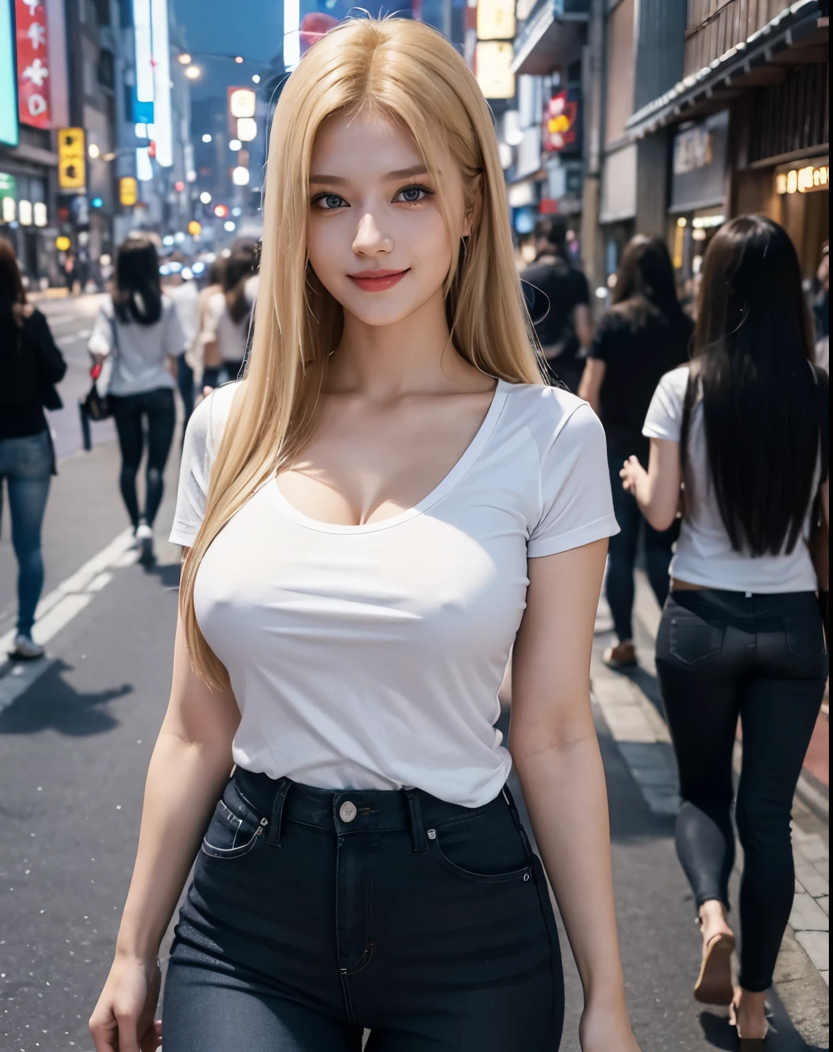 1girl, (Blue Eyes), (smiling :1.2), (Sana Minatozaki), (beautiful makeup :1.2), wide hips, Big tits, big ass, (Best Quality, 8k, Masterpiece: 1.3), Clear Focus: 1.2, Perfect Body Beauty: 1.4, strong abs, Highly detailed face and skin texture, detailed eyes, double eyelids, (blond long straight hair :1.3), (cleavage white t-shirt), (black jeans :1.3), close-up, standing, dynamic pose, on the streets of Japan at night, city at night