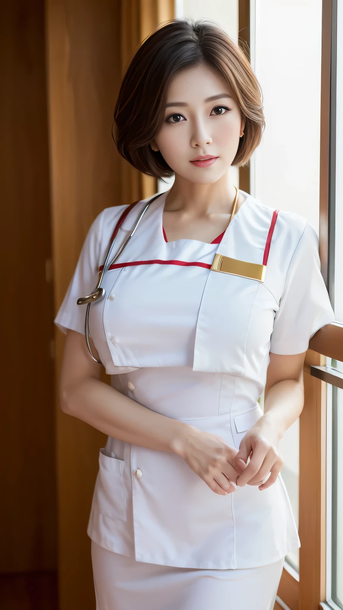 (8k, best quality, masterpiece, golden ratio composition,:1.3), (beautiful Japanese woman in her 30s), (wearing white Nurse's uniform:1.4), (huge breastrt cut hair