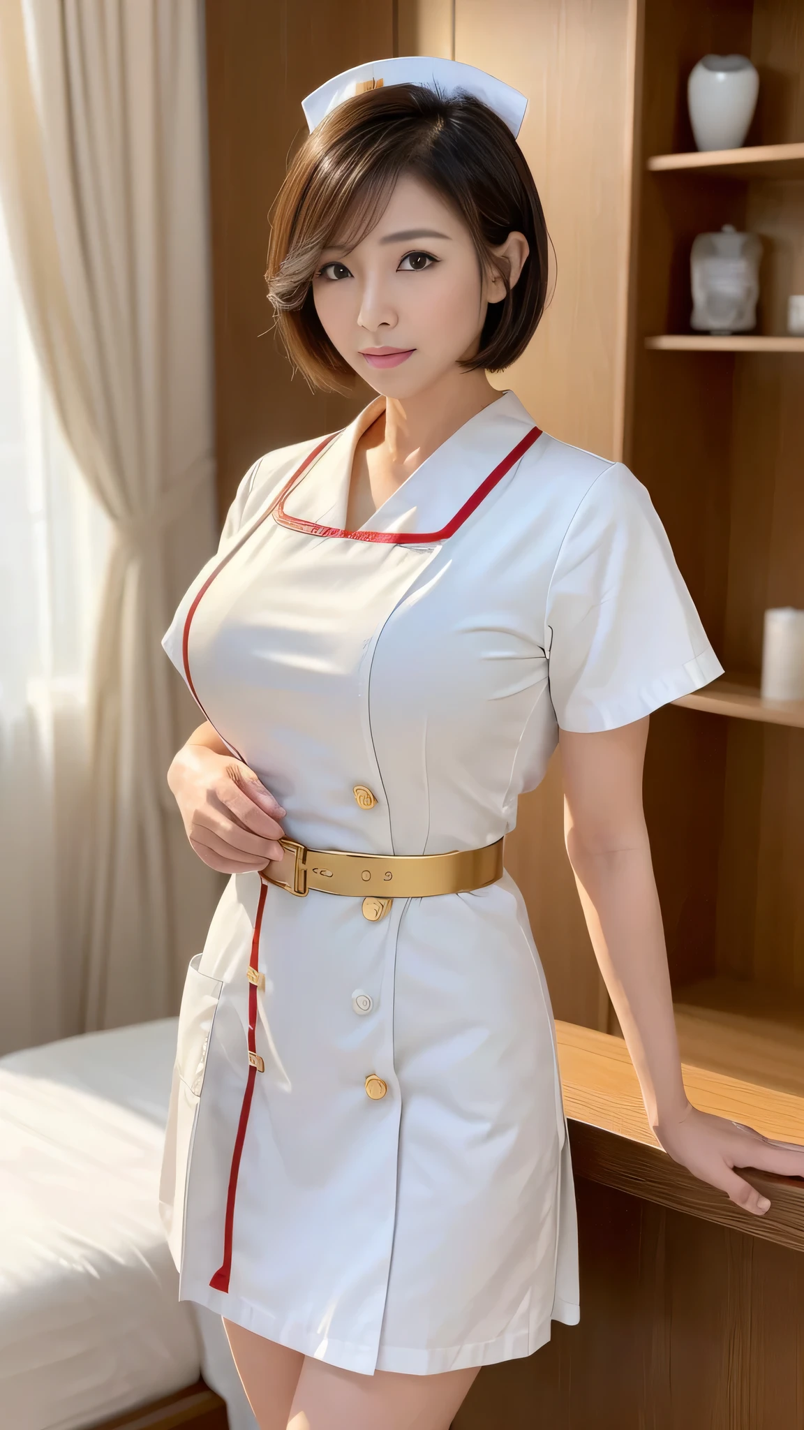 (8k, best quality, masterpiece, golden ratio composition,:1.3), (beautiful Japanese mature woman in her 30s), (wearing white Nurse's uniform:1.4), (huge breasts), short cut hair