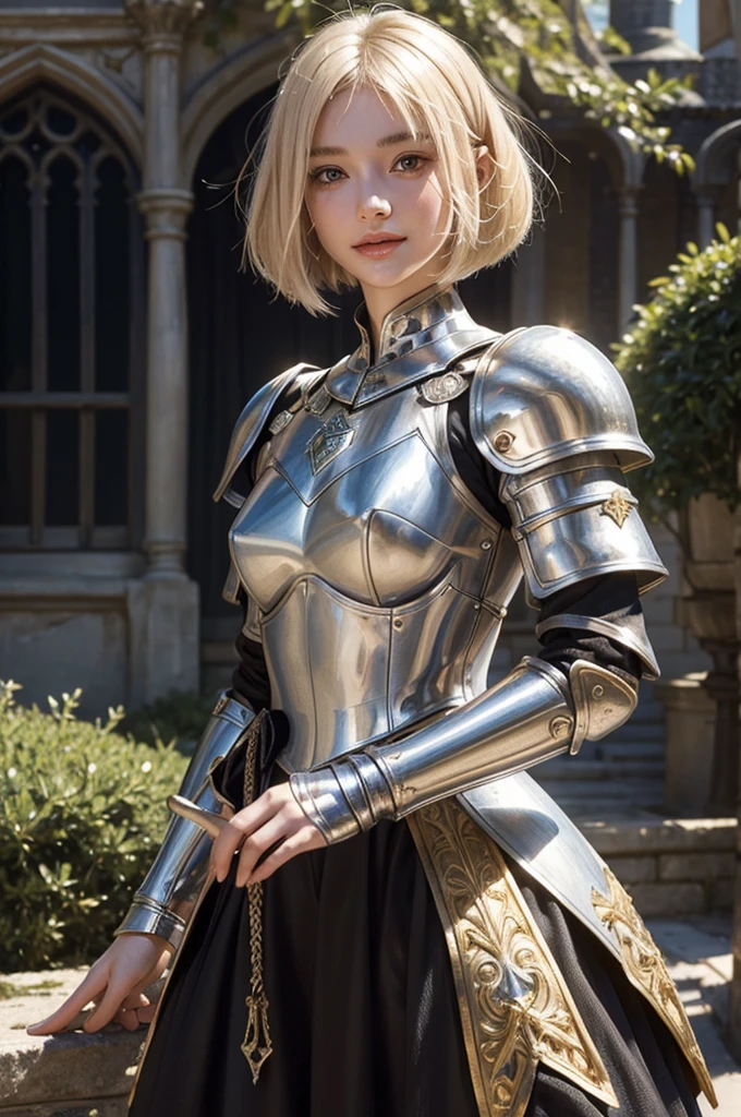 Medieval France, A world of swords and magic, Fantasy, Medieval Knight,thin, Shiny and beautiful armor, Detailed Armor, Black surcoat and gold-plated armor,Adobe Photoshop, Realistic digital painting, Historical portraits, High resolution, Warm Light, Iconic art, Brave, An exciting atmosphere, (whole body), 18 year old female knight, Platinum Blonde Hair,blonde hair close to white, (Bobcut:1.4), ((Beautifully detailed face)), Baby Face, beautifully detailed skin, Intricate details, Very detailed,Detailed lips,Open your mouth,Realistic Face,smile, blush,Embarrassing,Realistic Skin,(Vibrant Skin,Moisturized Skin:1.2),Vivid lips,Lip gloss