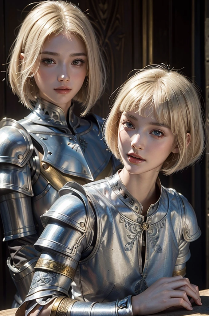 Medieval France, A world of swords and magic,  Fantasy, Medieval Knight,thin, Shiny and beautiful armor, Detailed Armor, Black surcoat and gold-plated armor,Adobe Photoshop, Realistic digital painting, Historical portraits, High resolution, Warm Light, Iconic art, Brave, An exciting atmosphere, (whole body), 18 year old female knight, Platinum Blonde Hair,blonde hair close to white, (Bobcut:1.4), ((Beautifully detailed face)), Baby Face, beautifully detailed skin, Intricate details, Very detailed,Detailed lips,Open your mouth,Realistic Face,smile, blush,Embarrassing,Realistic Skin,(Vibrant Skin,Moisturized Skin:1.2),Vivid lips,Lip gloss
