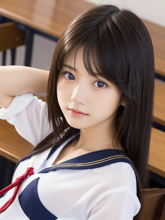 ((masterpiece, highest quality, High resolution)), 1 Japanese girl, (Realistic: 1.4),Great face and eyes, iris, 15 years old, Medium Hair, (Beautiful Hair:1.5), (Skinny body type:1.2), Glowing Skin, (Sailor suit:1.2), Sit on a desk, School classroom, Top view, Smooth, Highly detailed CG composite 8k wallpaper, High resolution RAW color photos, Professional photography, Light, BackLight, dream-like, impressive, Written boundary depth