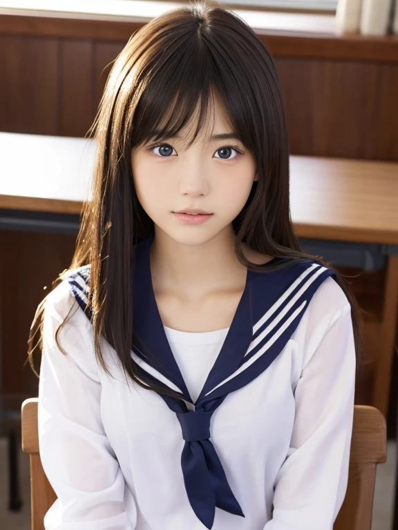((masterpiece, highest quality, High resolution)), 1 Japanese girl, (Realistic: 1.4),Great face and eyes, iris, 15 years old, Medium Hair, (Beautiful Hair:1.5), (Skinny body type:1.2), Glowing Skin, (Sailor suit:1.2), Sit on a desk, School classroom, Top view, Smooth, Highly detailed CG composite 8k wallpaper, High resolution RAW color photos, Professional photography, Light, BackLight, dream-like, impressive, Written boundary depth