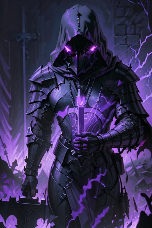 (realistic illustration:1.3),((dark fantasy:1.4)). (fallen crusader),(armored death), ((Hooded)) shadow ((wraith)) in black battle armor, (imposing), (glowing violet eyes:1.2), (cross pendant:1.3). brandishing black ((great sword)) in purple flames. masterpiece