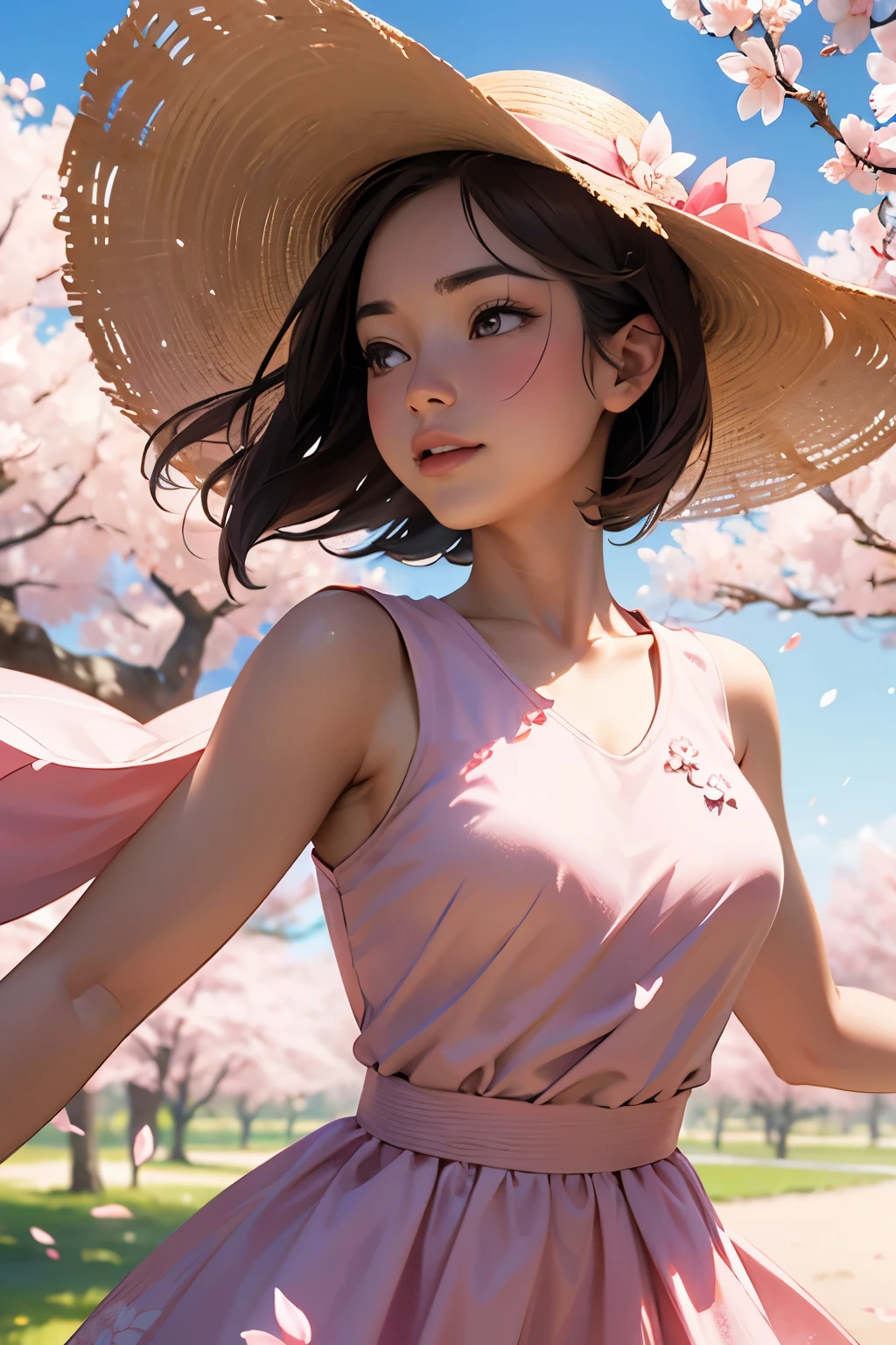 Highly detailed, master piece, shot in motion
A top down action shot
Background is a cherry blossom orchard with cherry petals falling
The center of it is a woman in a pink dress spinning
She is wearing a sun hat
She has a nice fit figure with a oale complexion