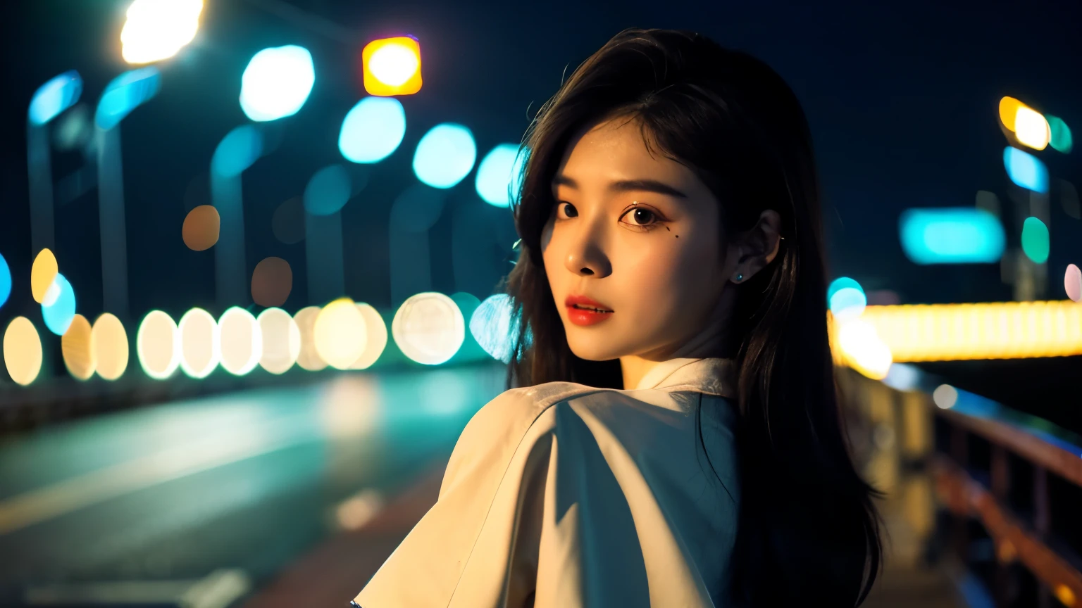 ((best quality)), ((masterpiece)), (Cinematic Aesthetic:1.4) Photo of a beautiful korean fashion model bokeh city night