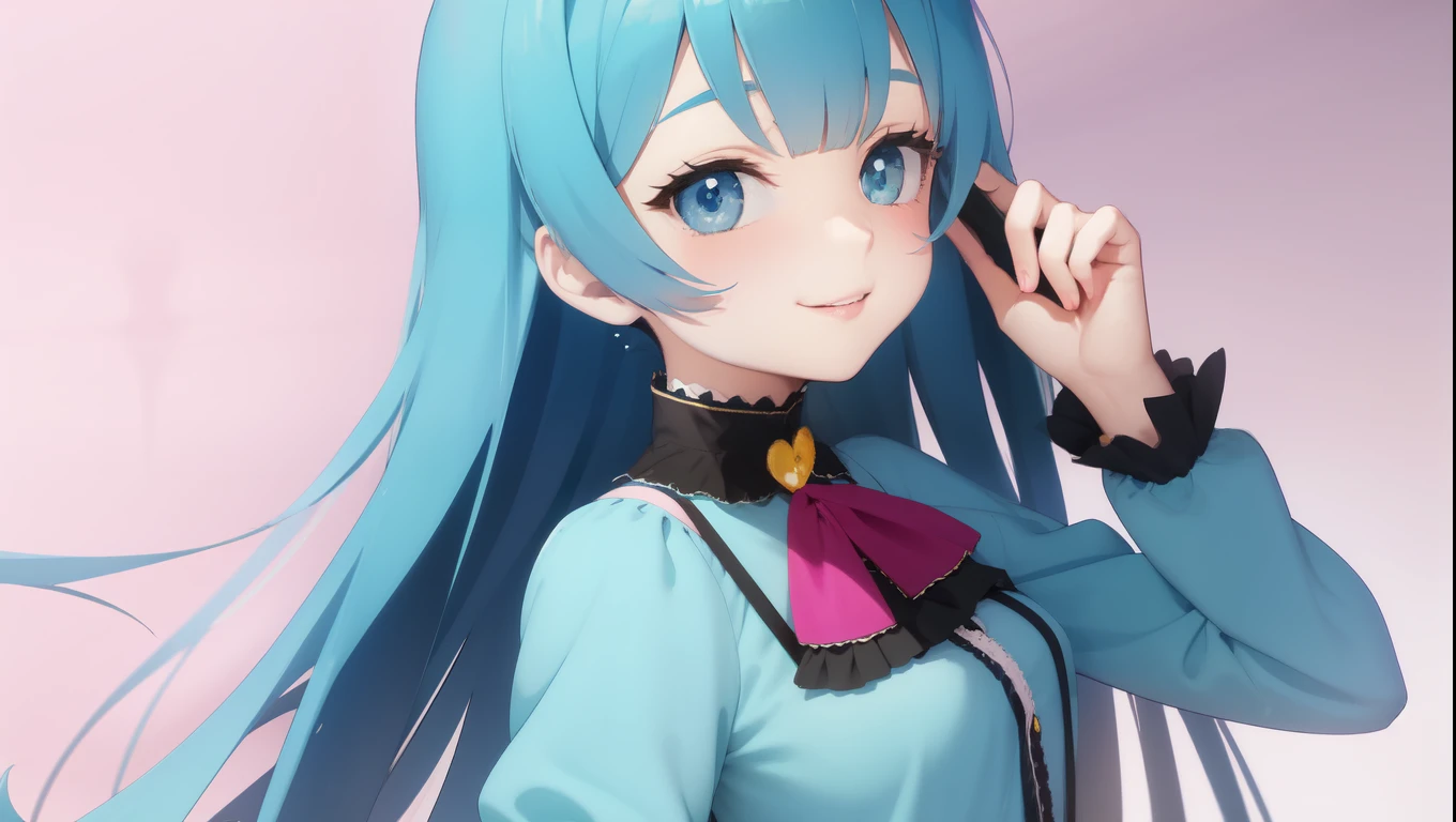 Pastel colored gothic lolita outfit、Anime Style、Pastel color background、light blue、pink、yellow、Cute pose、From the chest up、The character is slightly to the right、smile、Don&#39;t show your teeth