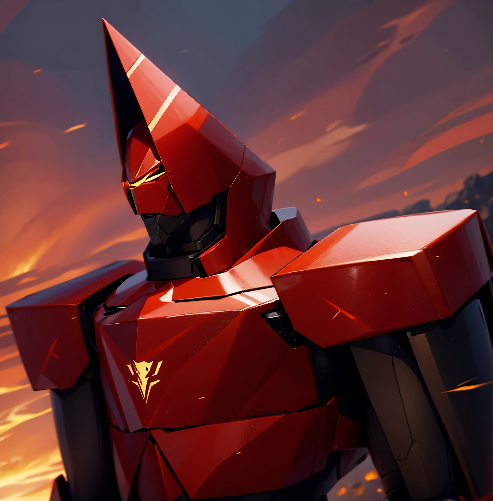 Robot, red mono eye, red body, high quality, golden horns on head, heavily armored,Robot, red mono eye, red body, high quality, golden horns on head, heavily armored, reddish-black shoulders, arm armor is an austere shade, sunset background,