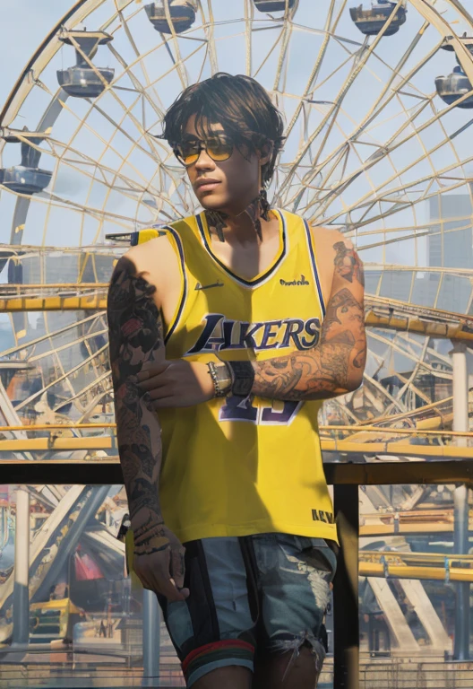 a man in a yellow shirt and black shorts standing in front of a ferris wheel, highly detailed, realistic