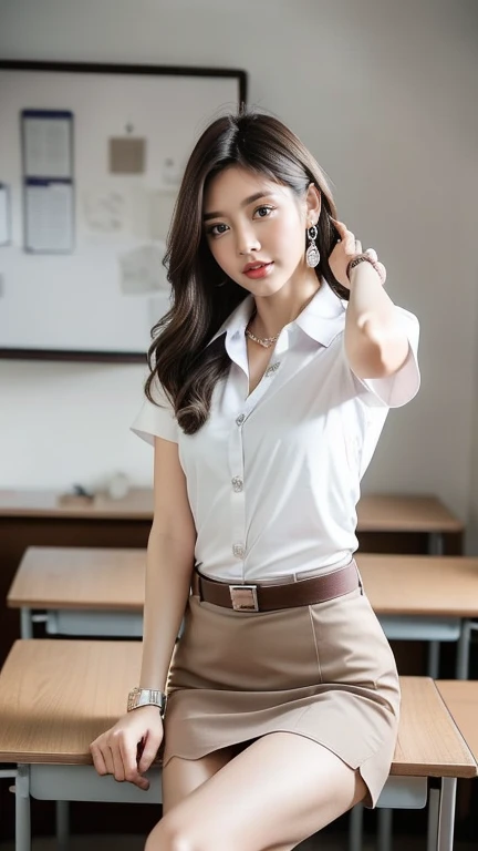(8K, high resolution,Masterpiece, best quality, alone, complicated details, Chromatic aberration), realistic, ((Big chests)), ((chest)), ((chest)), (chestหย่อนคล้อย.), hair in one eye, big round hoop earrings, Diamond choker, Gold Necklace, silver necklace, small watch, bangle, bracelet, bangleข้อเท้า, waist necklace, (symmetrical eyes),(Perfect symmetrical body), (Photo of a beautiful 24 year old age girl), Beautiful and charming with contemporary fashion paintings as well.., looking at the audience, ((Behind the scenes of a large classroom)), (black short skirt), (((Wear a blue shirt over it.., ((white short sleeve shirt,openly), (open your shirt.), )), (เปิดchest), (chestหย่อนคล้อย.))), (()), (Long square leather belt buckle), ((Put your hands down.)), (Bob, medium length hair, Side flatness, blonde hair, (There is a thin layer of hair covering the face..)), sharp eyeliner, eyelid, Blush, have thick eyelashes, sharp eyes, purple eyes, pink cheeks, Very delicate and beautiful, round chin, Sharp focus, elegant, (Open your legs fully on the study table..), (Sit with your head facing away and your legs open..), (Open your legs and lift your right leg away from your left leg..),