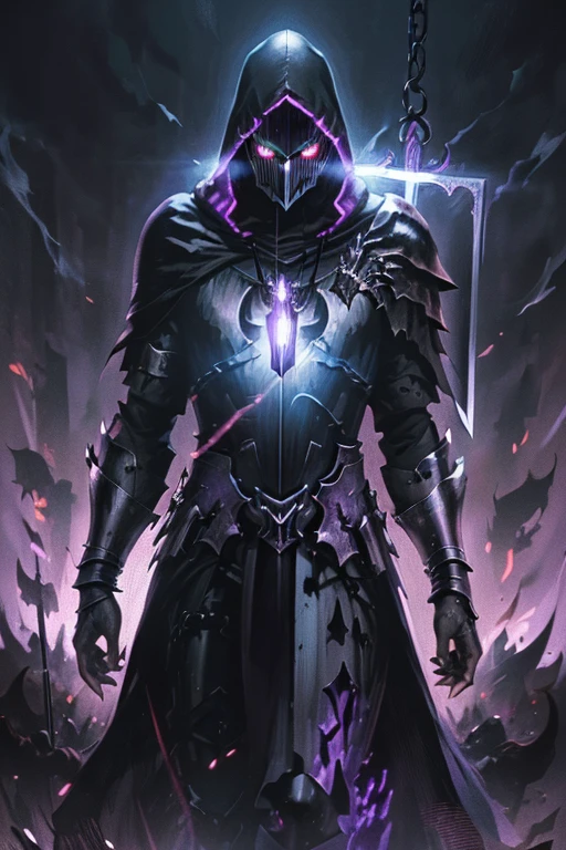 (realistic illustration:1.3),((dark fantasy:1.4)). (fallen crusader),(armored death), ((Hooded)) shadow ((wraith)) in black battle armor, (imposing), (glowing violet eyes:1.2), (cross pendant:1.3). brandishing black ((great sword)) in purple flames. masterpiece