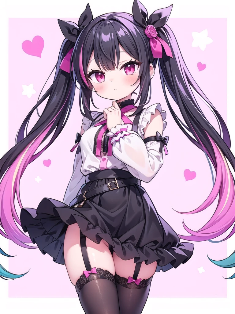 1girl, masterpiece, best quality, perfect hands, very long hair, multicolored hair, black hair, pink streaked hair, pink colored inner hair, black to pink gradient hair, black thighhighs, twintails, hair ribbon, bow, black thighhighs, black garter straps, jirai fashion, jirai kei, black lace up, pink ruffled shirt, zipper, black skirt, black neck ribbon, frills, frilled leg belt, hair ornament