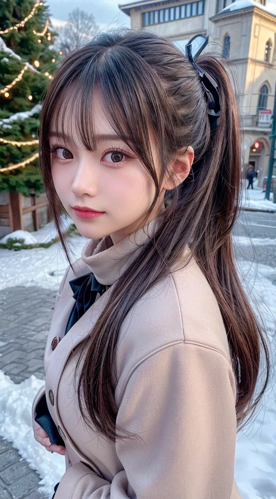 blush,long hair ponytail,big ribbon in her hair,(8K, Raw photo, best quality, muste piece:1.2), (Reality, photorealistic:1.4), (Highly detailed 8K wallpaper), Tits sharp focus, Depth of bounds written, cinematic lighting, soft light, detailed beauty eye,Shiny and smooth light brown ponytail, asymmetrical bangs, shiny skin, super detailed skin ,high resolution, high detail, detailed hairstyle, detailed beauty face, hyper real, perfect limbs, perfect anatomy ,1 Japanese girl,famous japanese idol, perfect female body,shy smile,short eyelashes,double-edged eyelids,look straight here,Hair style is ponytail,wear a ribbon, office,long ponytail hairstyle,Wearing scrunchies,wearing a long coat,The Street,stand straight and pose,So that the whole body can be seen,winter,warm clothes,look straight at me,wearing a scarf,It's snowing,wear a black long-sleeved coat,european cityscape,cobblestone road,European churches can be seen in the background,close up of face,in front of a church in europe,Dusk hours