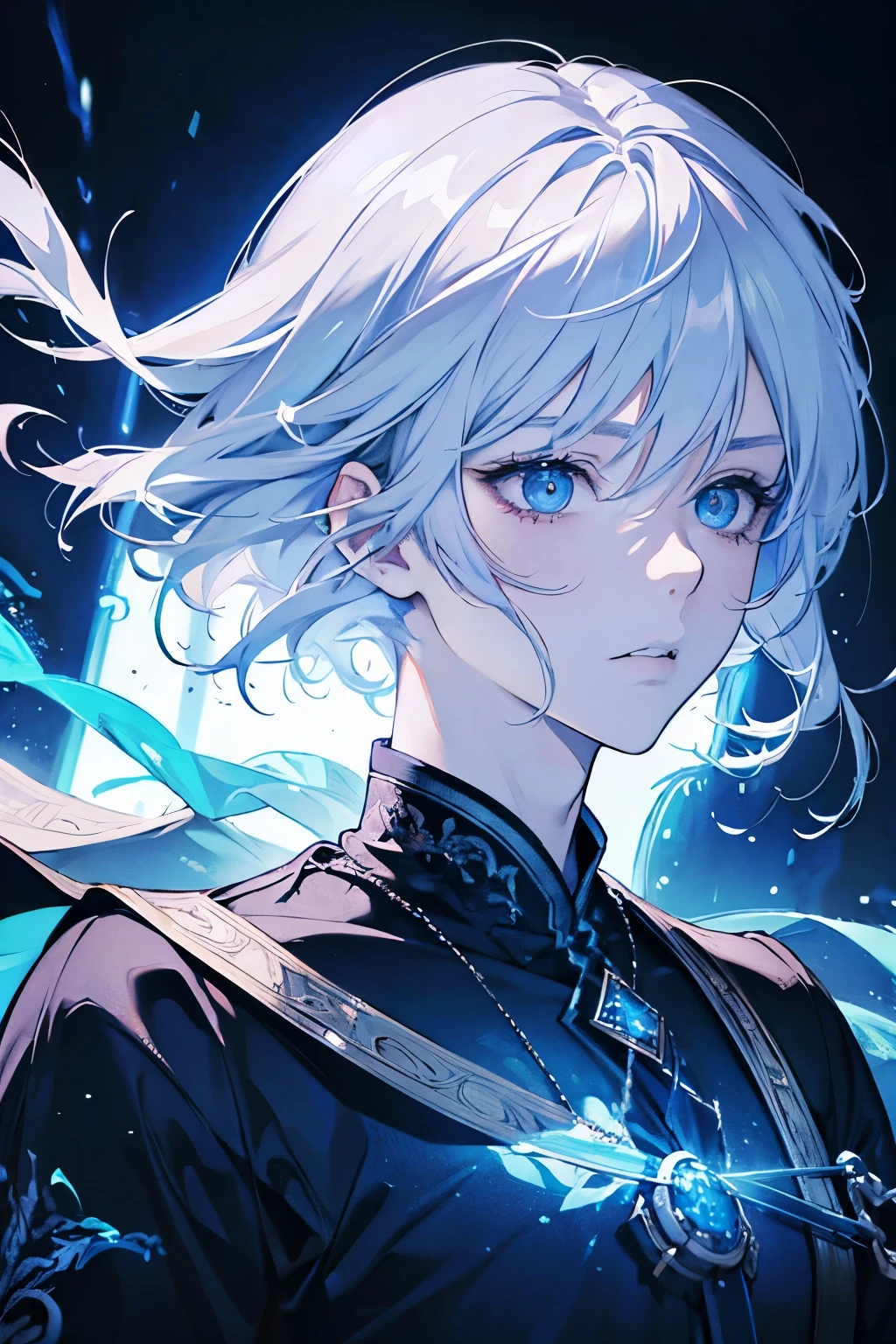 A beautiful young anime boy, 1 boy, detailed blue eyes, detailed white hair, short hair, cool and calm facial expression, fantasy theme, cool and dynamic pose, (best quality, 4k, 8k, highres, masterpiece:1.2), ultra-detailed, (realistic, photorealistic, photo-realistic:1.37), HDR, UHD, studio lighting, ultra-fine painting, sharp focus, physically-based rendering, extreme detail description, professional, vivid colors, bokeh, anime, fantasy, sci-fi