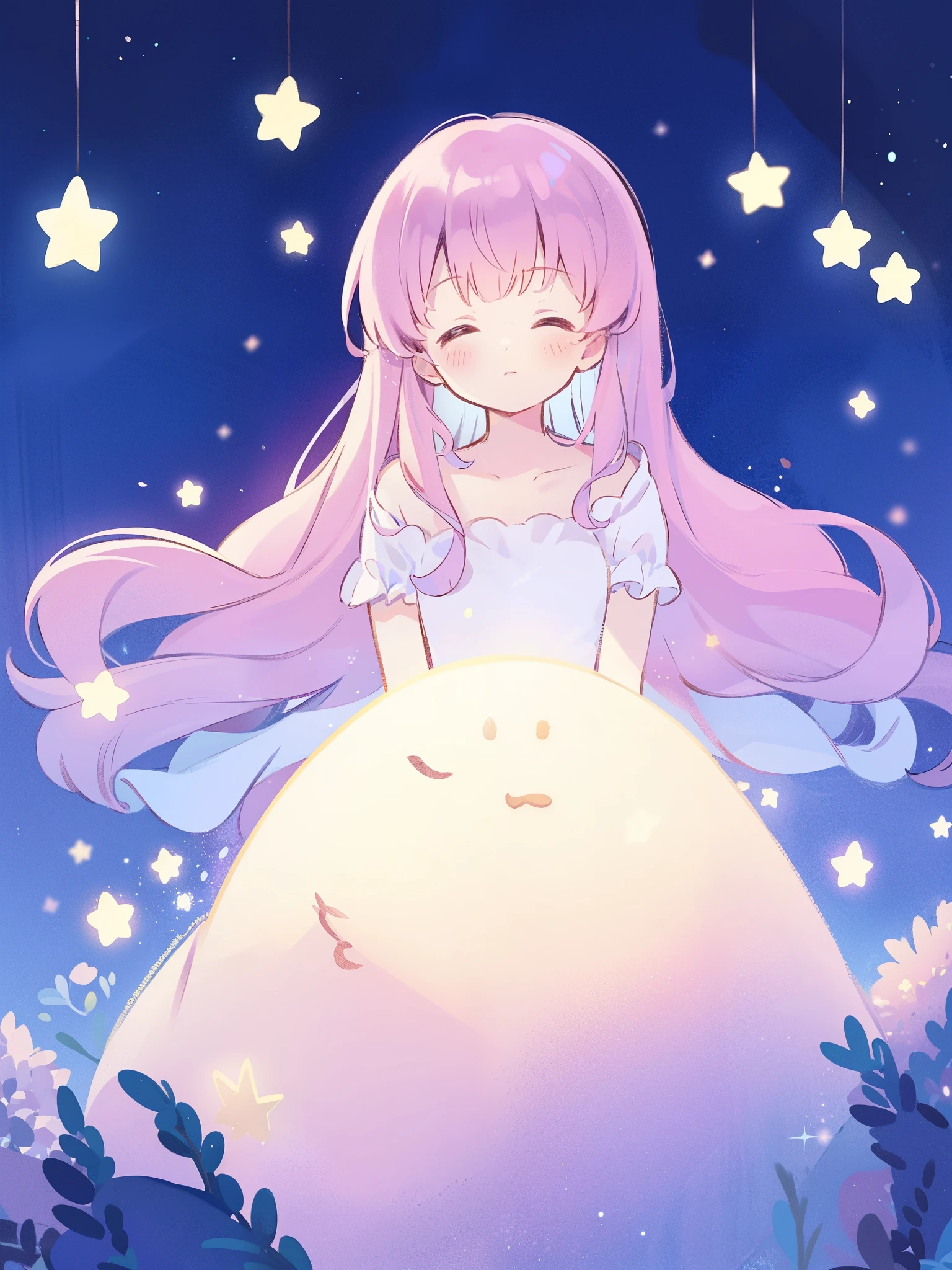 complex background, wishing star magical forest background, a woman wearing an ethereal mystical pink translucent dress that reflects the stars, complex drawing, highly detailed, ethereal, starry night, midjourney style