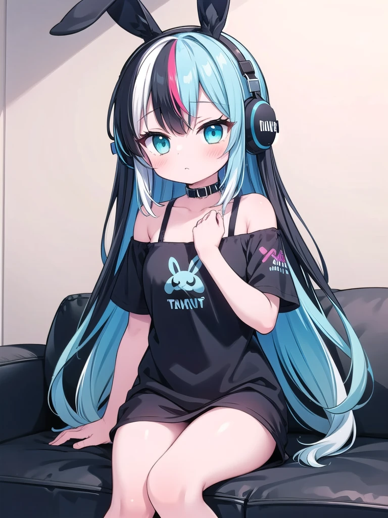 1girl, masterpiece, best quality, perfect hands, black rabbit ears, fake animal ears, fake rabbit ears, long rabbit ears, multicolored hair, black hair, cyan streaked hair, cyan colored inner hair, black to cyan gradient hair, very long hair, hair spread out, shiny hair, cyan eyes, black short sleeves, very long short sleeves, bare legs, headphones, shoulder cutout, bare shoulders, collarbone, off shoulder, blush, bottomless, chin grab, shoulder straps dropping off, sofa, sitting, lazy