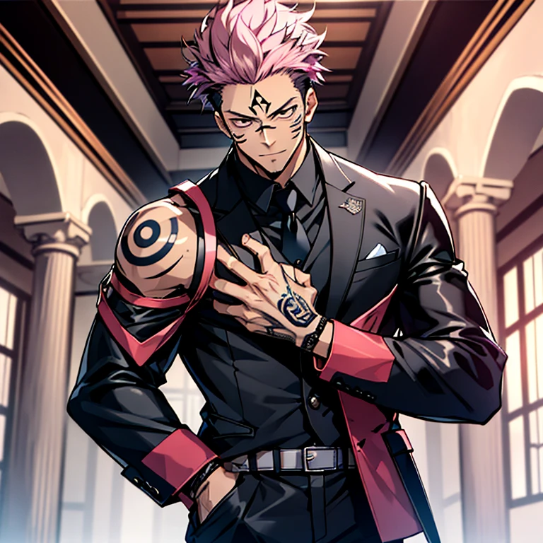 (tmasterpiece, best qualityer: 1.2), Solo, malefocus, 1boy, sukuna, tattoo_On_his_face, male, full bodyesbian, Black leather jacket, Black leather tie, A pink-haired, cow boy shot,  8K, super detailing, hands in a pocket, tightsuit,inside the house，
