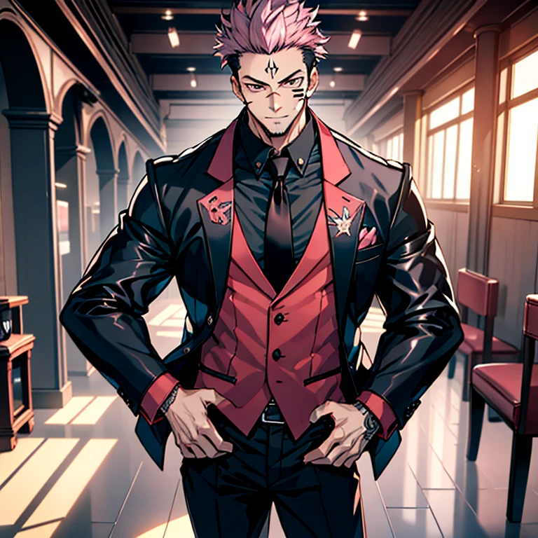 (tmasterpiece, best qualityer: 1.2), Solo, malefocus, 1boy, sukuna, tattoo_On_his_face, male, full bodyesbian, Black leather jacket, Black leather tie, A pink-haired, cow boy shot, 8K, super detailing, hands in a pocket, tightsuit,inside the house,