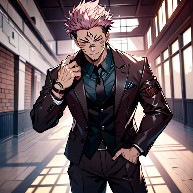 (tmasterpiece, best qualityer: 1.2), Solo, malefocus, 1boy, sukuna, tattoo_On_his_face, male, full bodyesbian, Black leather jacket, Black leather tie, A pink-haired, cow boy shot,  8K, super detailing, hands in a pocket, tightsuit,inside the house，