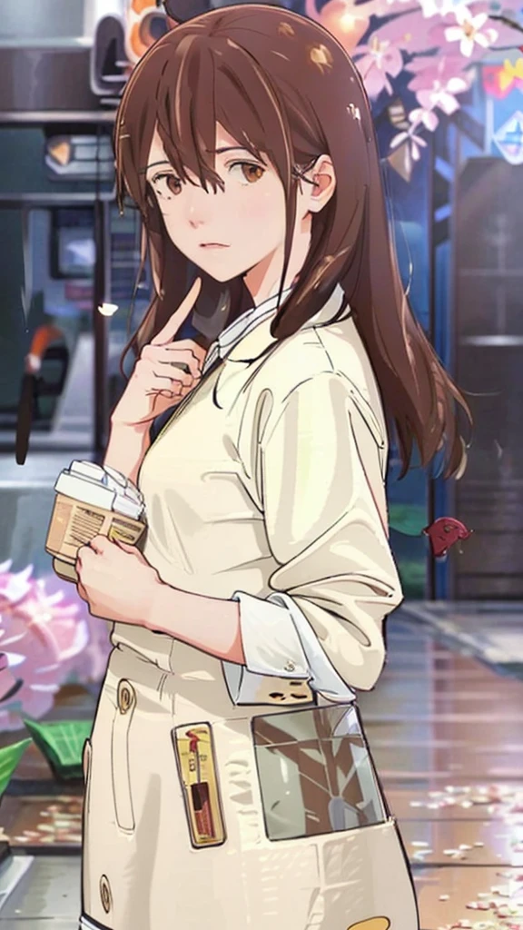 a calm girl with brown hairs cute eyes and face like sakura yamauchi from i want to eat you pancreas, in a background of cherry blossom