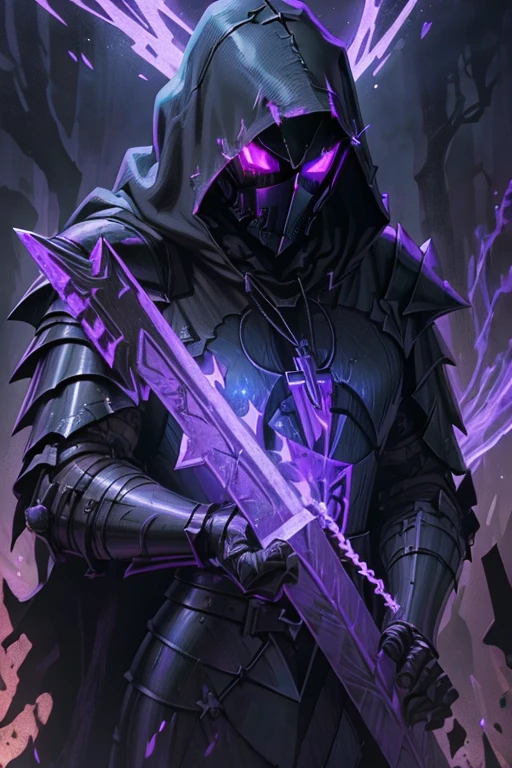 (realistic illustration:1.3),((dark fantasy:1.4)).((male)), (fallen crusader),(armored death), ((Hooded)) shadow ((wraith)) in black battle armor, (imposing), (glowing violet eyes:1.2), (cross pendant:1.3). brandishing black ((great sword)) in purple flames. masterpiece