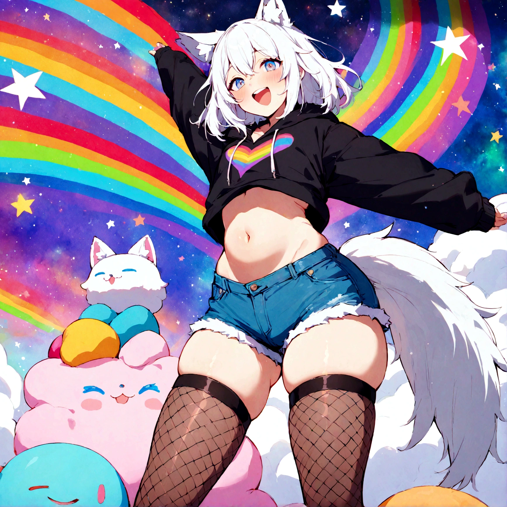 a cute adult male with wolf ears, white hair, has a wolf tail, wearing a loose cropped oversized black hoodie, wearing a pair of denim short shorts and thigh high fishnet stockings, thick thighs, wide hips, relaxing on mound of fluffy multi colored kawaii plushies, short, very slim, showing slender tummy, stretching out, heart on hoodie, squishy thighs, has glowing blue eyes. alone, solo (ALONE)(SOLO), surrounded by rainbows, colorful galaxy backround, mouth wide open grin, very happy, excited