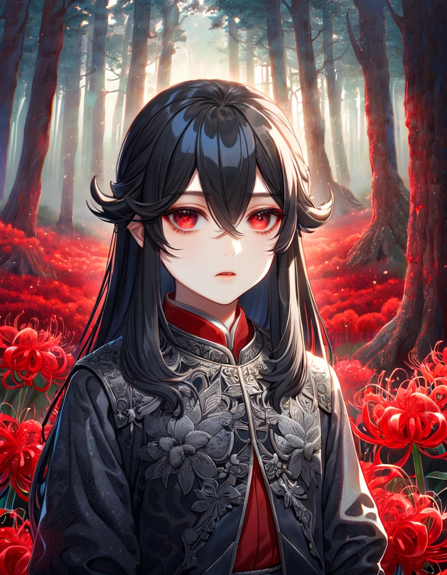 absurdres, highres, ultra detailed, HDR, master piece, best quality, extremely detailed face, delicated features, Xue Yu, untamed spiky hair, black long hair, hair between the eyes, expressive red eyes, Thousand Years War, solo, , black robes, trees, forest, red spider lilies 