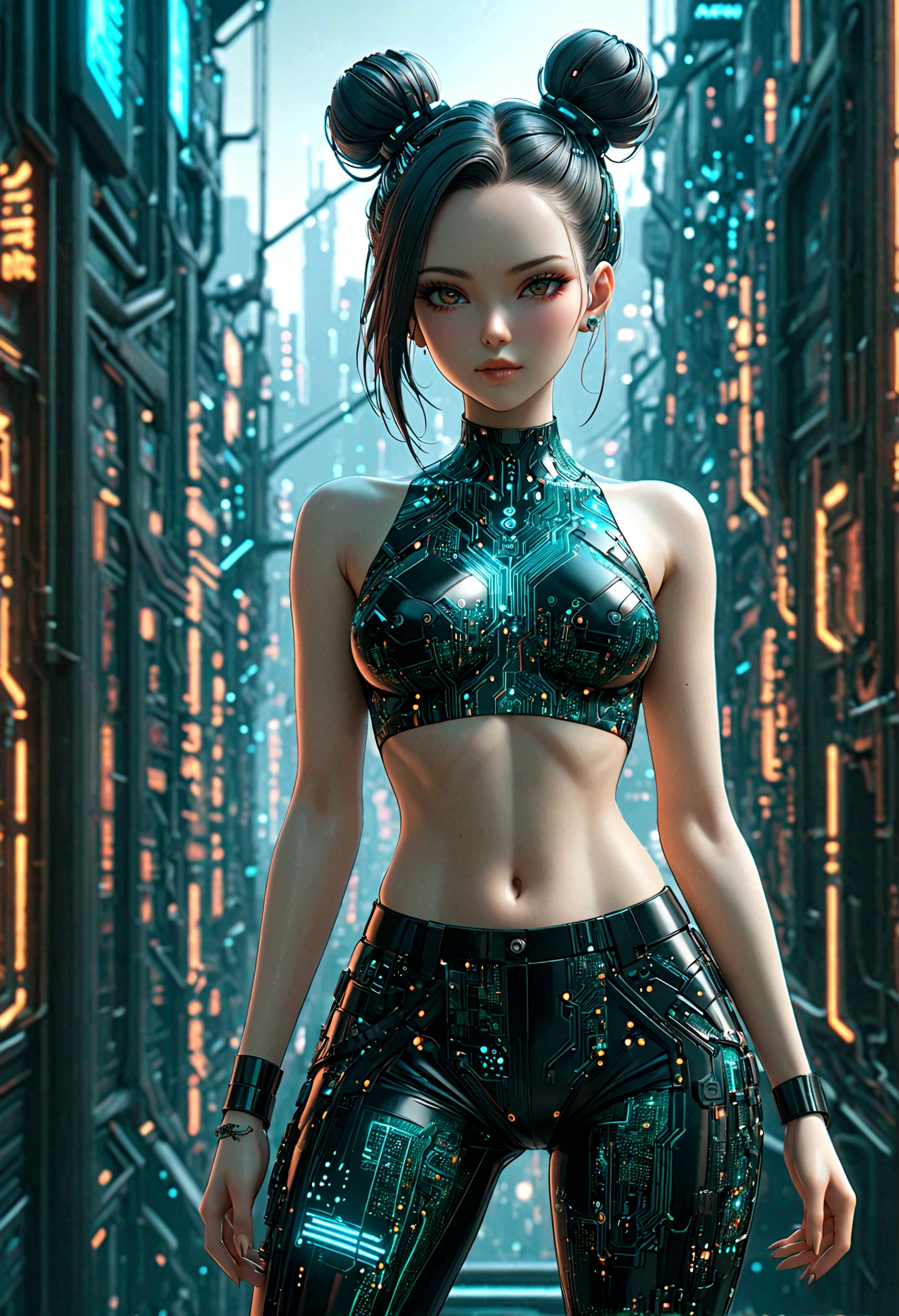 beautiful Cybernetics girl, heart hair bun, Hair accessories, (Delicate skin), Pale skin, black crop top made of circuit boards, Navel tattoo, sexy Futuristic pants, on branch, v, Japanese words with glitter effect, cyberpunk background,Sensual, is attractive, (masterpiece:1.3), (best quality:1.3), (ultra detailed:1.3), 8k, extremely clear