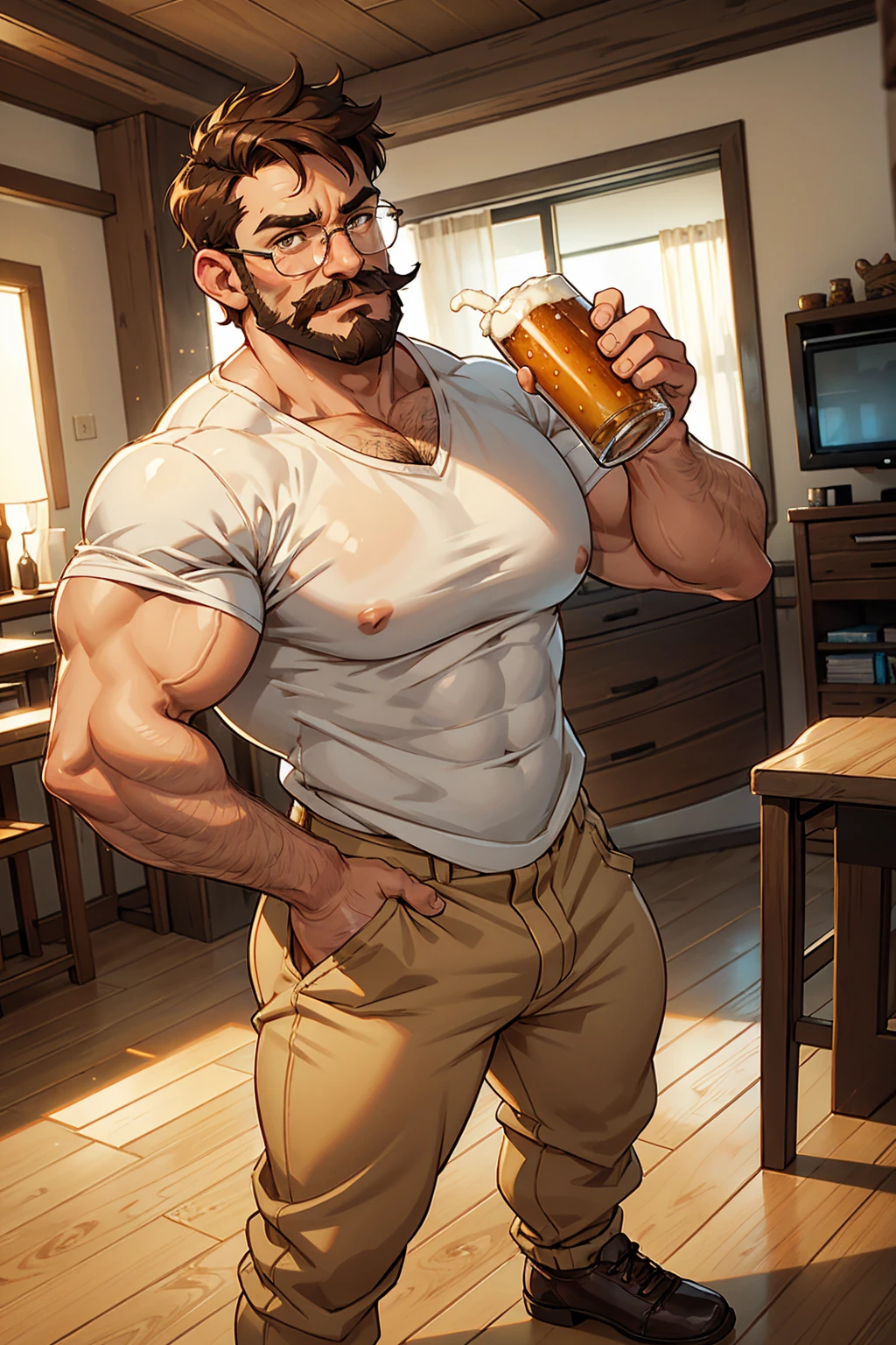 Middle-aged man, masculine face, light brown eyes, short, wavy brown hair, drunken expression, with a mustache and no beard, muscular and very hairy body, huge hairy chest, huge biceps, oily and shiny skin. He is holding a mug of beer in his right hand, wearing a wet white shirt, rectangular glasses, beige pants, brown shoes, and standing in the living room.