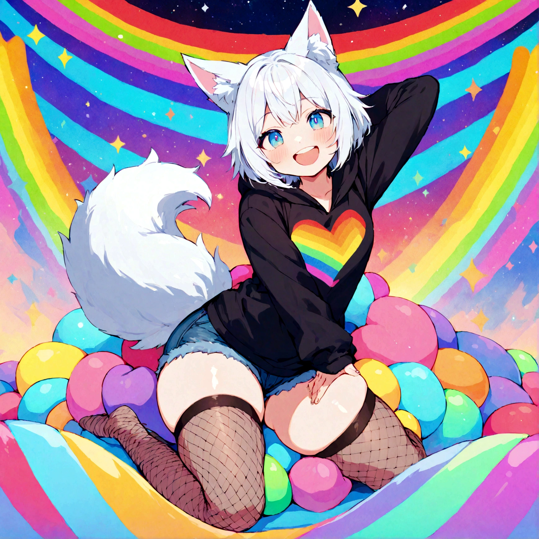 a cute adult male with wolf ears, white hair, has a wolf tail, wearing a loose cropped oversized black hoodie, wearing a pair of denim short shorts and thigh high fishnet stockings, thick thighs, wide hips, relaxing on mound of fluffy multi colored kawaii plushies, short, very slim, showing slender tummy, stretching out, heart on hoodie, squishy thighs, has glowing blue eyes. alone, solo (ALONE)(SOLO), surrounded by rainbows, colorful galaxy backround, mouth wide open grin, very happy, excited