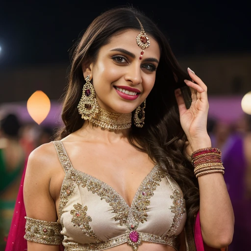 Dance photography focused on a lady eith extremely blurred background , A young sexy lady dancing indian style called garba and clapping in garba style on open ground,blurred crowd in background, heavy indian silver jewellery, aahir dance,traditional gujarati dress, blurred background lights, wearing beautiful Indian dress called chaniya choli, dress has beautiful embroidered and small mirrors in it, party light, night time, smile on the face, detailed hourglass body, detailed anatomy, big brown eyes, silky long hair, medium boobs, vibrant colours, 8k,hyper realism 