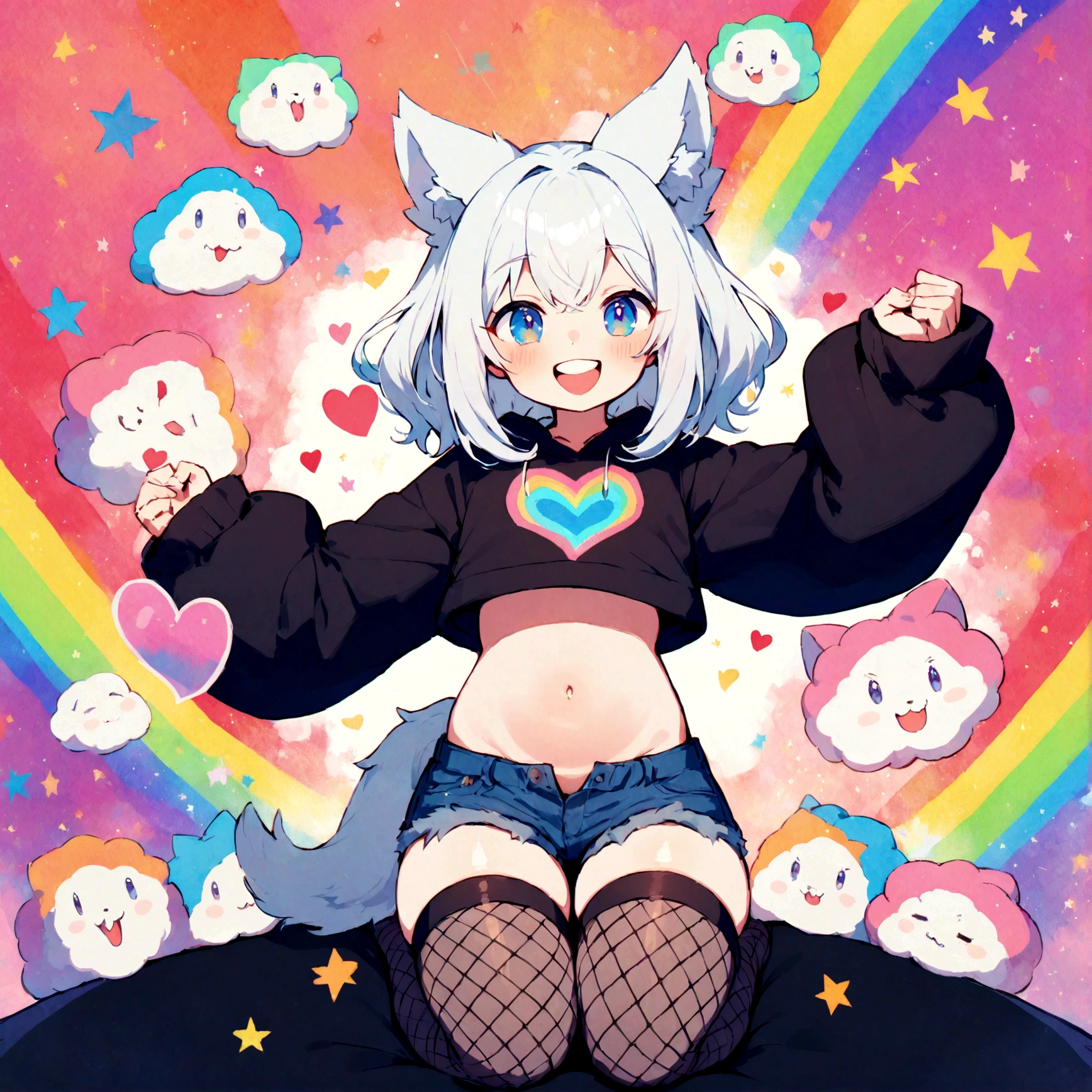 a cute adult male with wolf ears, white hair, has a wolf tail, wearing a loose cropped oversized black hoodie, wearing a pair of denim short shorts and thigh high fishnet stockings, thick thighs, wide hips, relaxing on mound of fluffy multi colored kawaii plushies, short, very slim, showing slender tummy, stretching out, heart on hoodie, squishy thighs, has glowing blue eyes. alone, solo (ALONE)(SOLO), surrounded by rainbows, colorful galaxy backround, mouth wide open grin, very happy, excited
