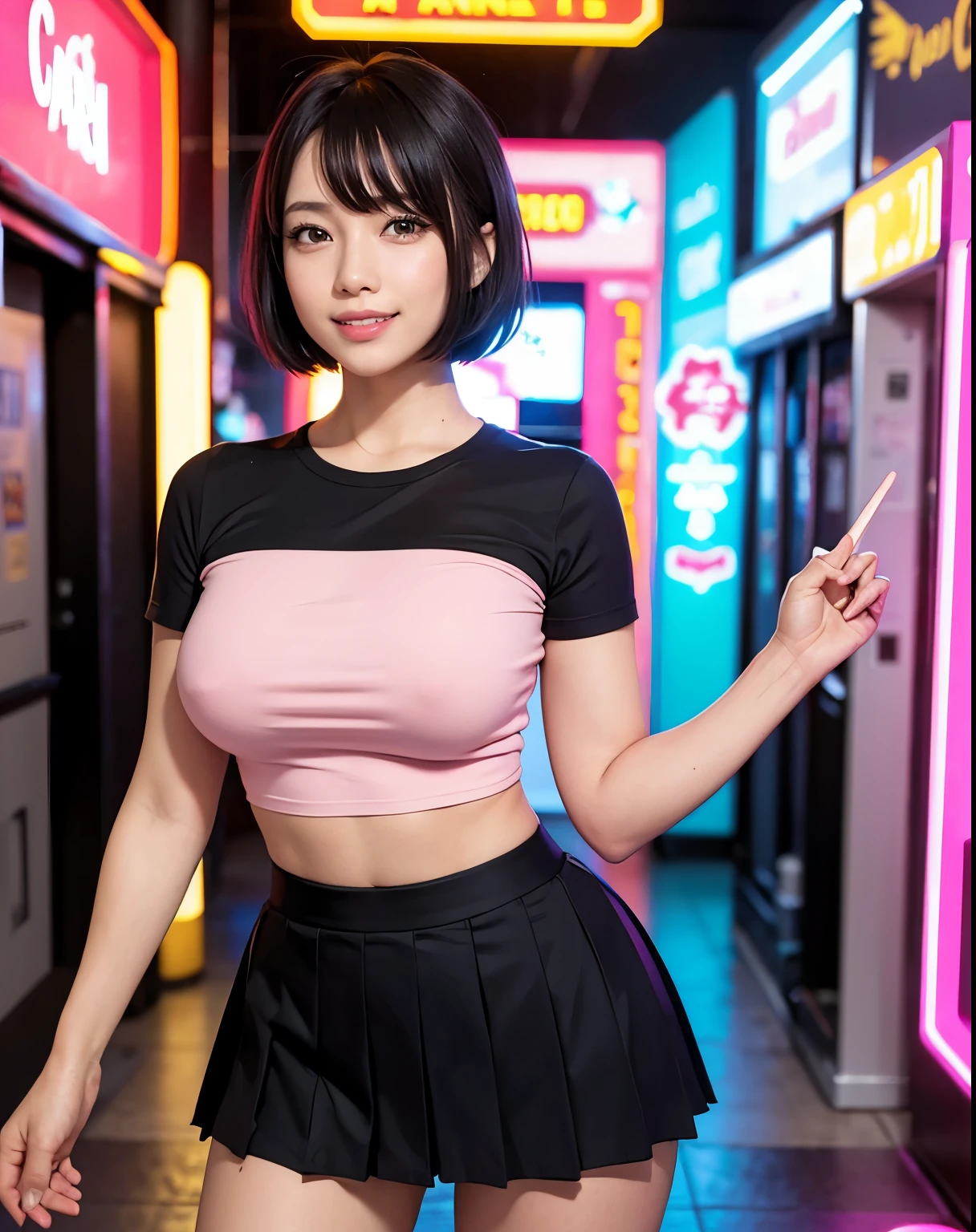 1girl, (Black Eyes), (smiling), (beautiful makeup), (wide hips), Big tits, (big ass), (Best Quality, 8k, Masterpiece: 1.3), Clear Focus: 1.2, Perfect Body Beauty: 1.4, strong abs, Highly detailed face and skin texture, detailed eyes, double eyelids, (black short hair :1.2), (black pleated mini skirt :1.2), (pink t-shirt), standing, dynamic pose, in an arcade store, neon lights in the background
