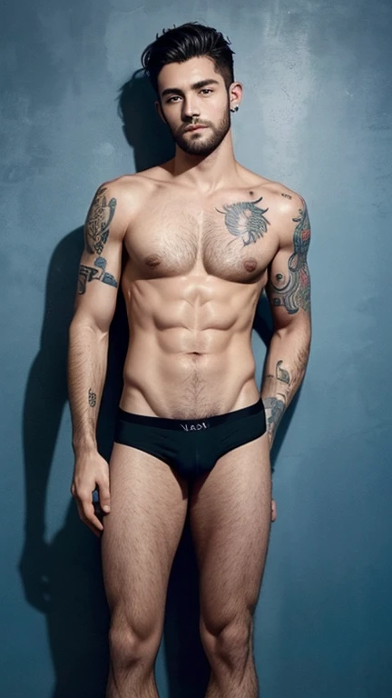 hot Tattoos hairy body and pubic male model, Vogue magazine cover, shirtless oily full body and face, , tight underwear, pierce ears, sexy and hairy pubic, (Vogue magazine cover:1.4), best quality, masterpiece, very aesthetic, perfect composition, intricate details, ultra-detailed