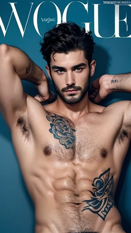 hot Tattoos hairy body and pubic male model, Vogue magazine cover, shirtless oily full body and face, , tight underwear, pierce ears, sexy and hairy pubic, (Vogue magazine cover:1.4), best quality, masterpiece, very aesthetic, perfect composition, intricate details, ultra-detailed