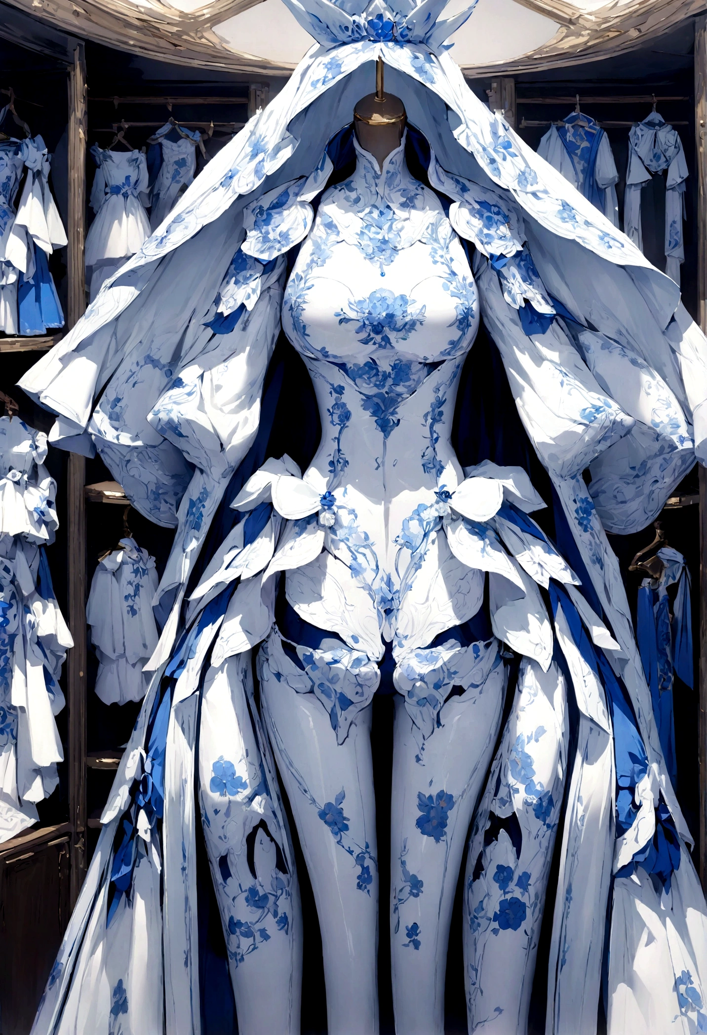 Blue and white porcelain clothes are displayed on the wardrobe in the clothing store