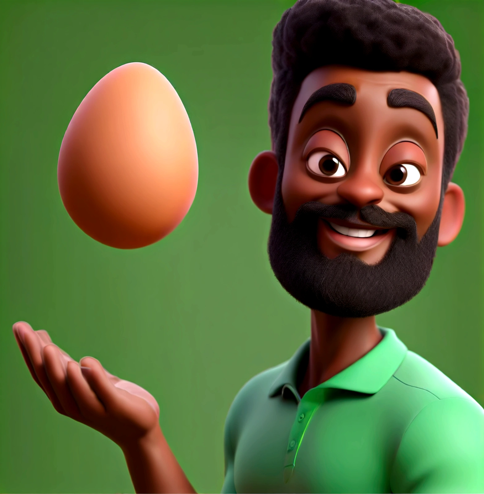 estindo de forma social com um blusa branca social manga longa , This man has to be happy because he is an egg advertiser and the background of the image has to be a chroma key, the character has brown skin, has slightly short hair, does not wear a beard and there is nothing else in the image except the character he is about 30 years old 4d image