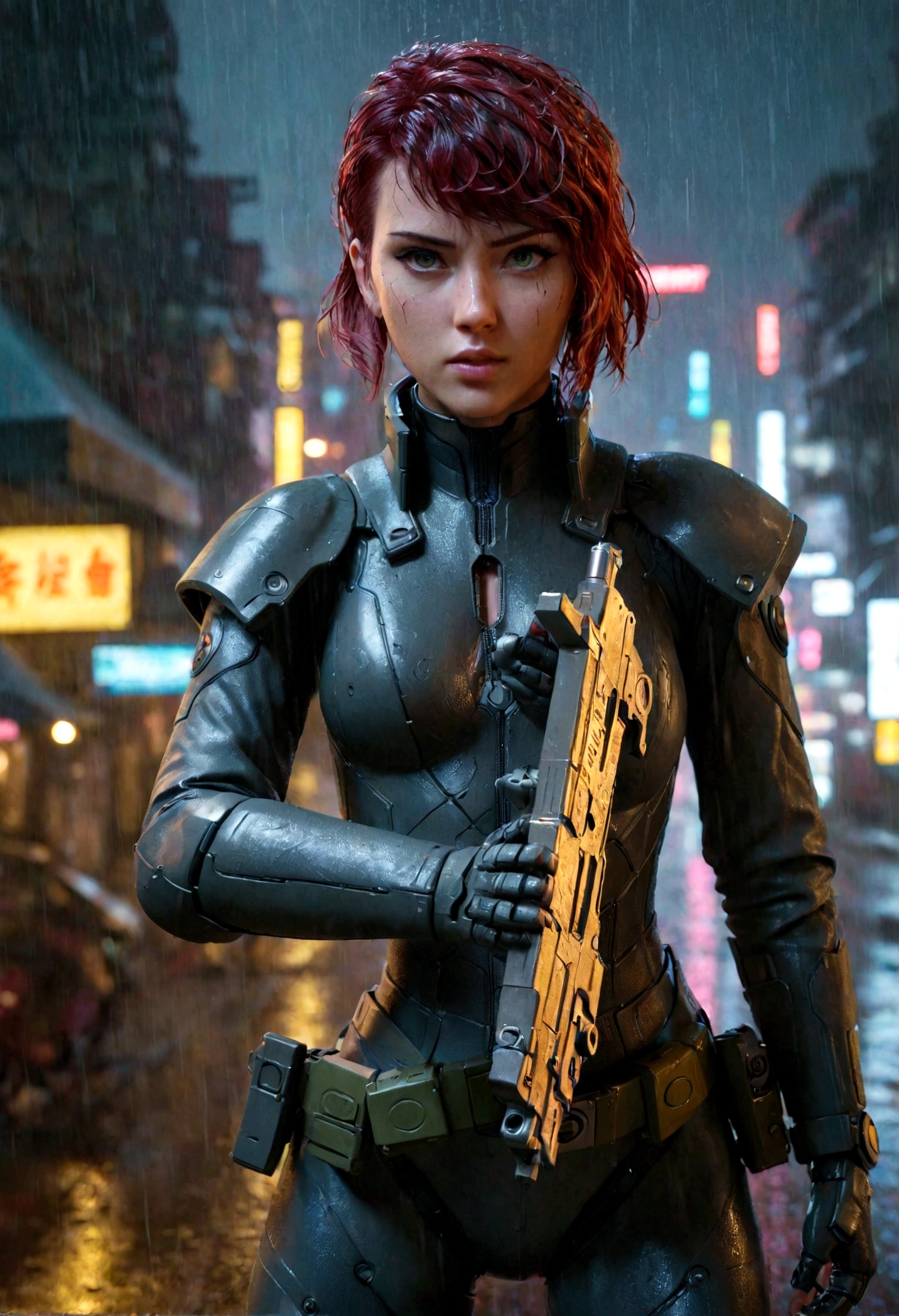 cyberpunk sci-fi character,beautiful young woman wielding a boltgun,ghost in the shell, kusanagi motoko,motion blur,rainy night,hyperrealistic,cinematic lighting,dramatic composition,highly detailed,8k,photorealistic,chiaroscuro,neon lights,futuristic cityscape,intense atmosphere,hyper detailed face and eyes,intricate mechanical prosthetics,dynamic pose,rain effects,moody color palette,glowing cybernetic implants,environmental reflections