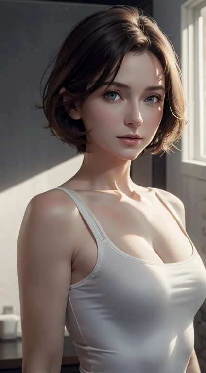 Skin Tight White Top:1.2, Looking at Viewer, Cinematic lighting, Perfect, softlight, High resolution skin:1.2, Realistic skin texture, 30 years old mature woman、a small face、no-makeup、, off shoulders,Bust B Cup、 Exposed cleavage, Blue eyes, Short hair, dark brown hair、Gray background、