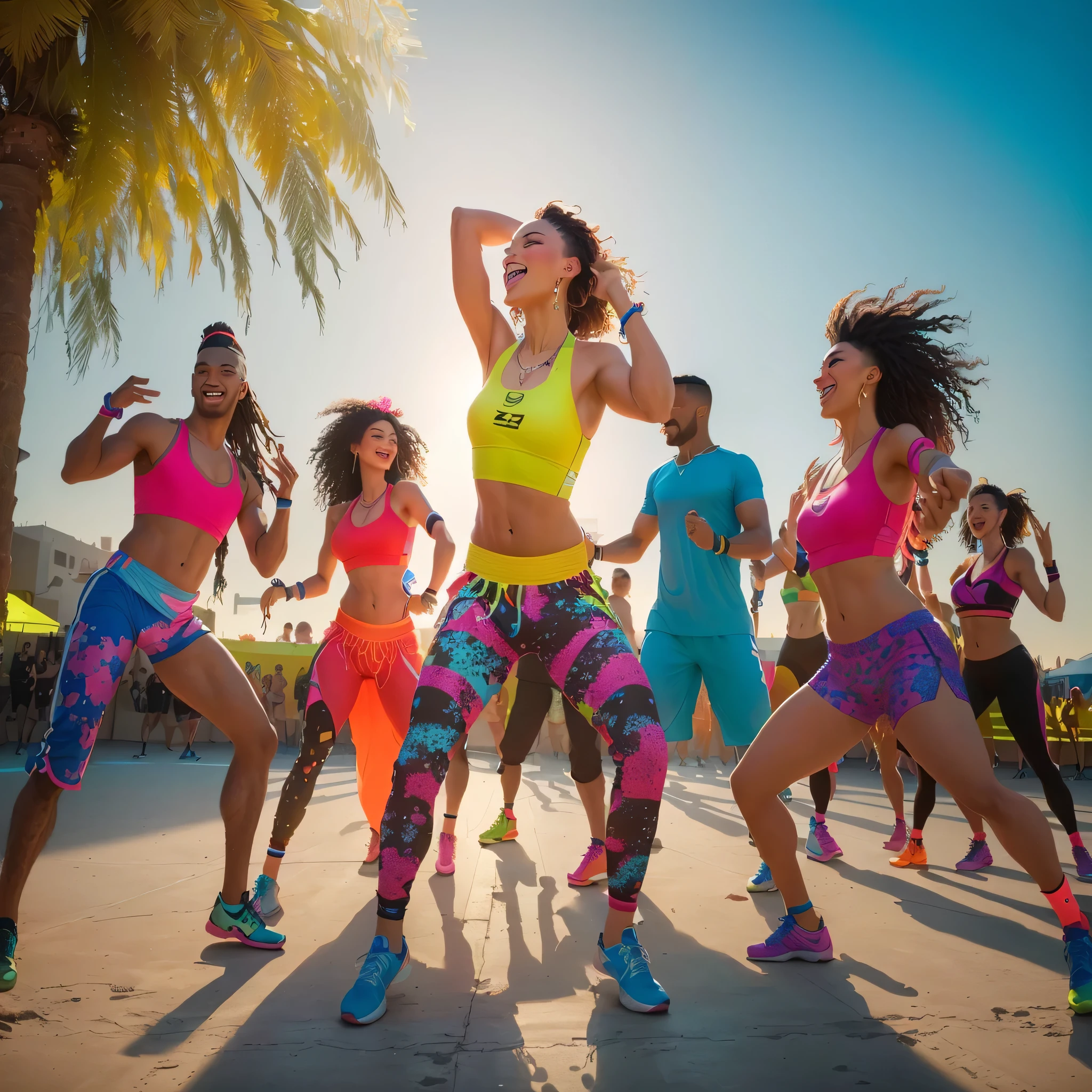 group of men and women in colorful sports wear doing a dance, vibrant and dynamic, people dancing in background, people dancing, vibrant and powerful, on a dark background, dancing people, nightclub dancing inspired, ibiza nightclub dancing inspired, dancers, vivid and vibrant, bright and energetic, shutterstock, vibrant light, athletic muscle tone, belly dancing, rave outfit, zumba dance