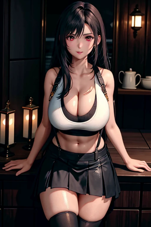 (Practical: 1.4), 最high quality, Very delicate and beautiful, high resolution,masterpiece, 最high quality, 超high resolution, (Practical:1.4), Detailed beautiful face, , A girl, Tifa_Lockhart, Final Fantasy VII Remake, stunning european women,Cowboy shooting, Suspenders, Low level, Black mini skirt, White vest with black border, nervous shirt, Black Hair, long hair, Sexy body,Beautiful breasts, very beautiful shining eyes,Beautiful Feet, so cute, close upポトレイト, 柔らかい肌のPerfect faceを持つ素敵な, Perfect face, (((Huge breasts))),Tight waist,Chain、thigh、In the dungeon,complete picture, Shapely hips, 8k resolution,Surrealism,Extremely detailed,high quality, (Huge teardrop breasts, Huge breastsの谷間:1.2)， Giant ， close up,sparse field