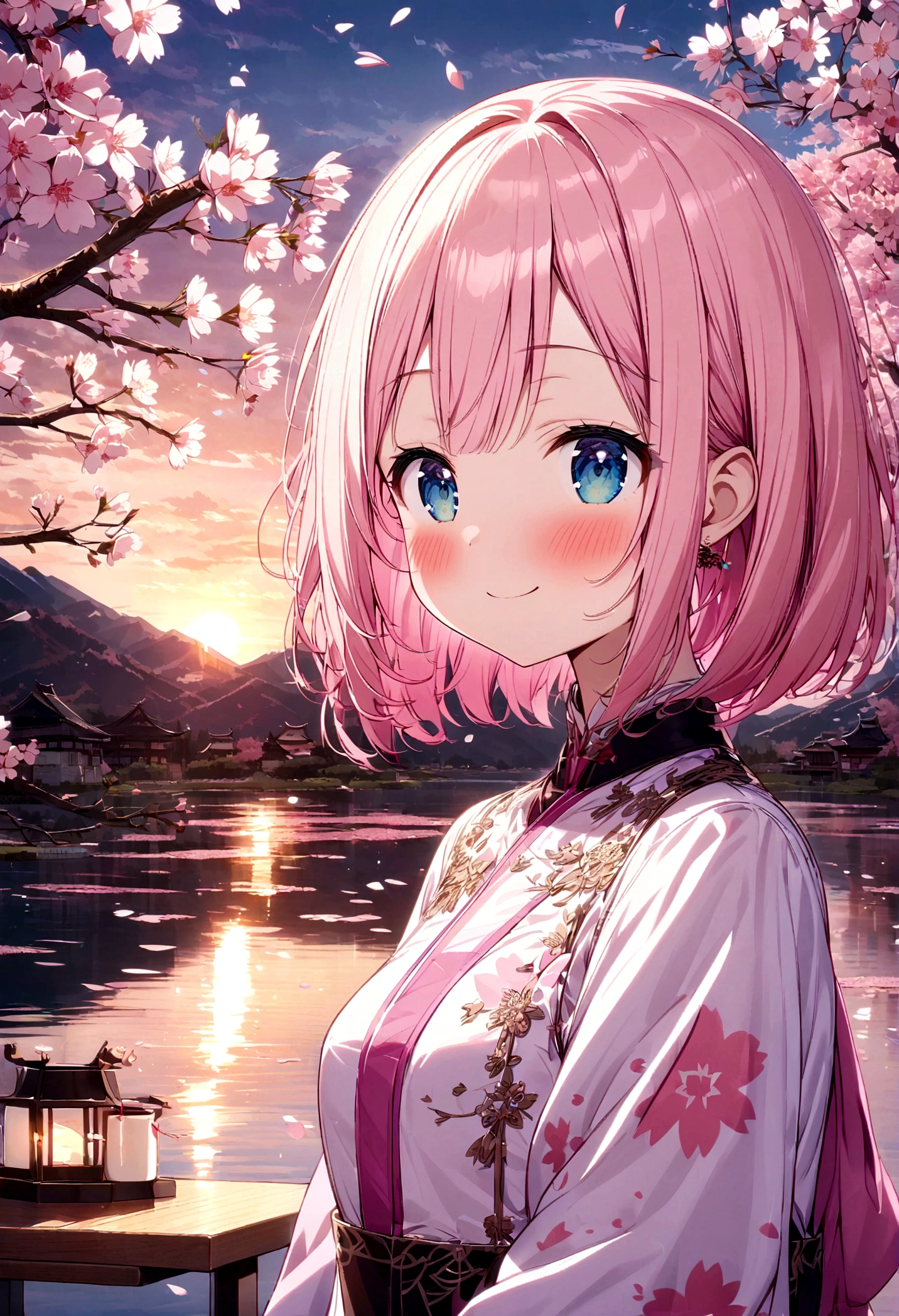 Sakura Rice Library, Upper Body, Smile, blush, sit, ((Cherry blossoms)), ((pink袖子)), pink调, ((pink)), Pink sky, Sunset, lake, reflection