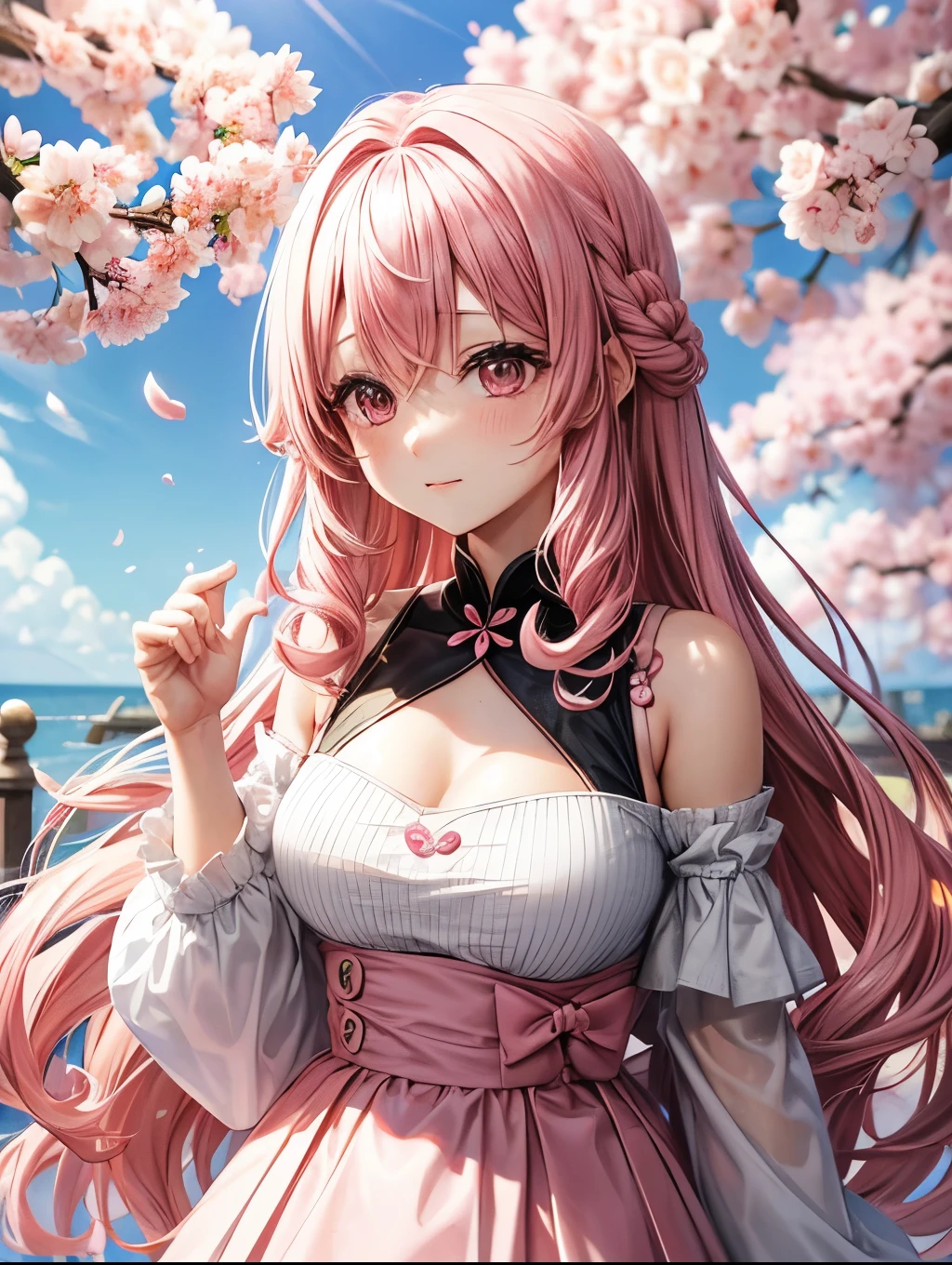 Cherry Blossom, heart,Pink Hair, Long Hair, Curly Hair, Down-do,No hair arrangement, Pink eyes, White off-the-shoulder clothing, Black and pink asymmetrical mini skirt,Chest a little big, Heel, woman, transparent, 背景シンプルなCherry Blossomびら, transparent感, adult, 蛍Light, Light、Main upper body