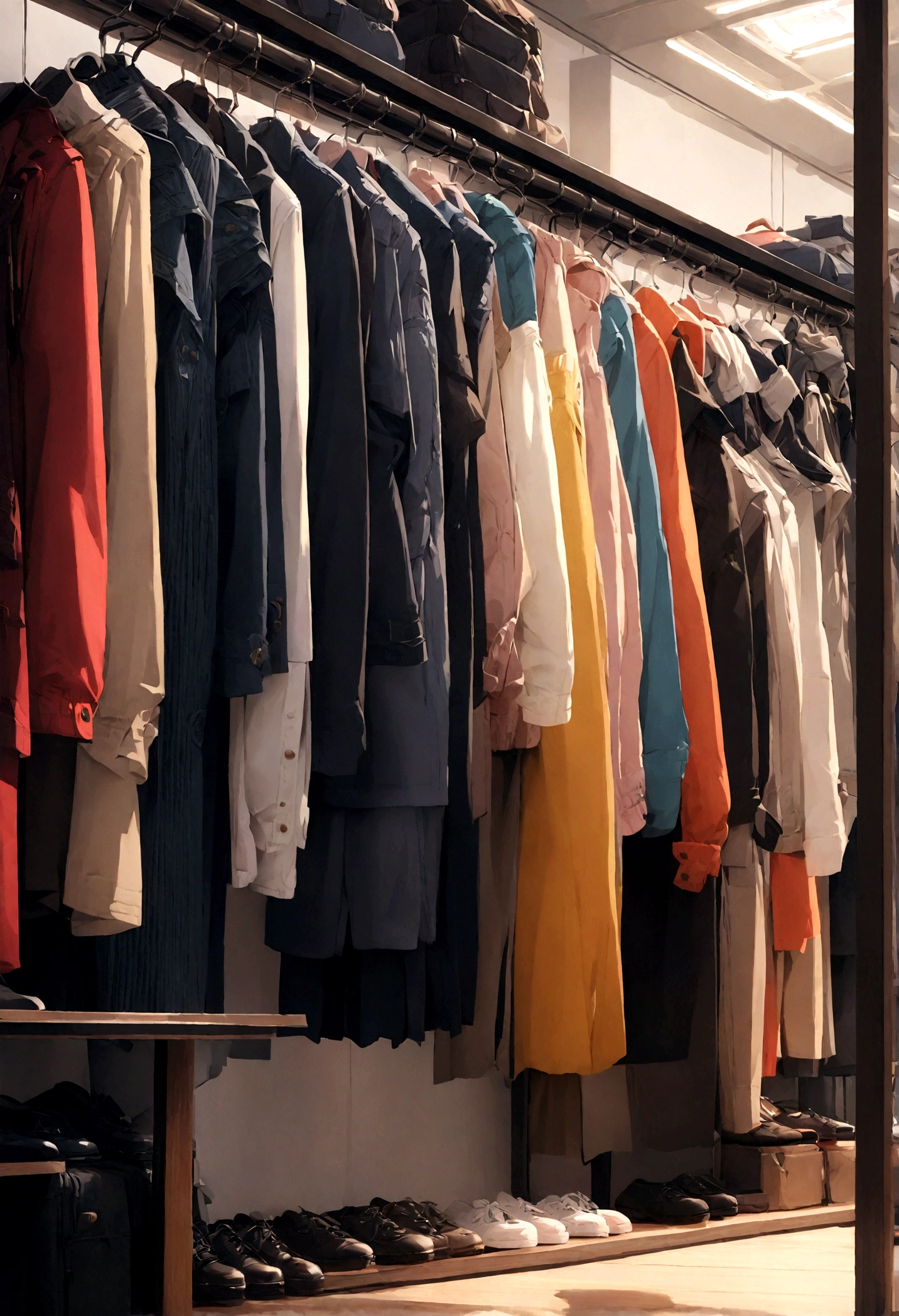 Many clothes are displayed on the wardrobe in the clothing store