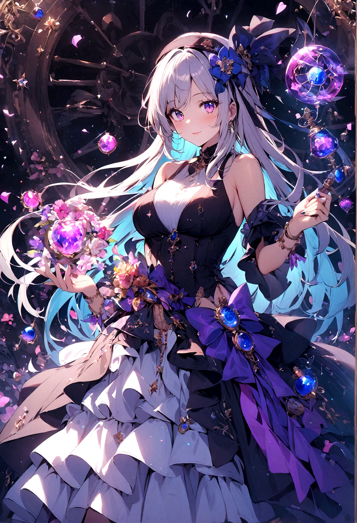 1 Girl, long_hair, bright_hair_color, Tempting_Eye, mystery_Express, Mature_appearance, Glamorous_full outfit, flow_skirt, elegant_Jewelry, Wheels within wheels_decorate, magic_symbol, Luminescence_Accessories, potion, reel, Lovely_accent, bow, ribbon, Flowers,