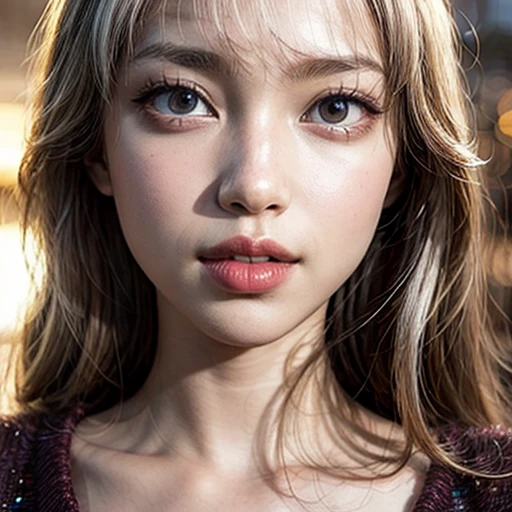Tiny girl wearing (red tube-top dress), Stroll along evening Beach, (Acutance:0.85), Masterpiece of 8K Ultra-detailed, (VolumetricLighting), SmoothShading, (RAW photorealistic:1.37), (Close-up:1.4), (Gazing at the sunseting colorful sky) (Dazzling bokeh:1.28), { (Golden ray illuminating face) | (Vivid Photon Particles) | (Gust of wind) } . BREAK (((Extremely detailed a face variation of NOGIZAKA girls))), perfect anatomy, Childish, captivating gaze, elaborate detailed Eyes with (sparkling highlights:1.28), long eyelashes、Glossy RED Lips with beautiful details, Coquettish tongue, Rosy cheeks, (Detailed Flawless Skin, Radiant PearlSkin with clear transparency) , Silky White HairColor. { (Dynamic joyful expressions) | (:d) }, (Large eyes:-1, Tree:-1).