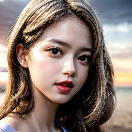 Tiny girl wearing (red tube-top dress), Stroll along evening Beach, (Acutance:0.85), Masterpiece of 8K Ultra-detailed, (VolumetricLighting), SmoothShading, (RAW photorealistic:1.37), (Close-up:1.4), (Gazing at the sunseting colorful sky) (Dazzling bokeh:1.28), { (Golden ray illuminating face) | (Vivid Photon Particles) | (Gust of wind) } . BREAK (((Extremely detailed a face variation of NOGIZAKA girls))), perfect anatomy, Childish, captivating gaze, elaborate detailed Eyes with (sparkling highlights:1.28), long eyelashes、Glossy RED Lips with beautiful details, Coquettish tongue, Rosy cheeks, (Detailed Flawless Skin, Radiant PearlSkin with clear transparency) , Silky White HairColor. { (Dynamic joyful expressions) | (:d) }, (Large eyes:-1, Tree:-1).