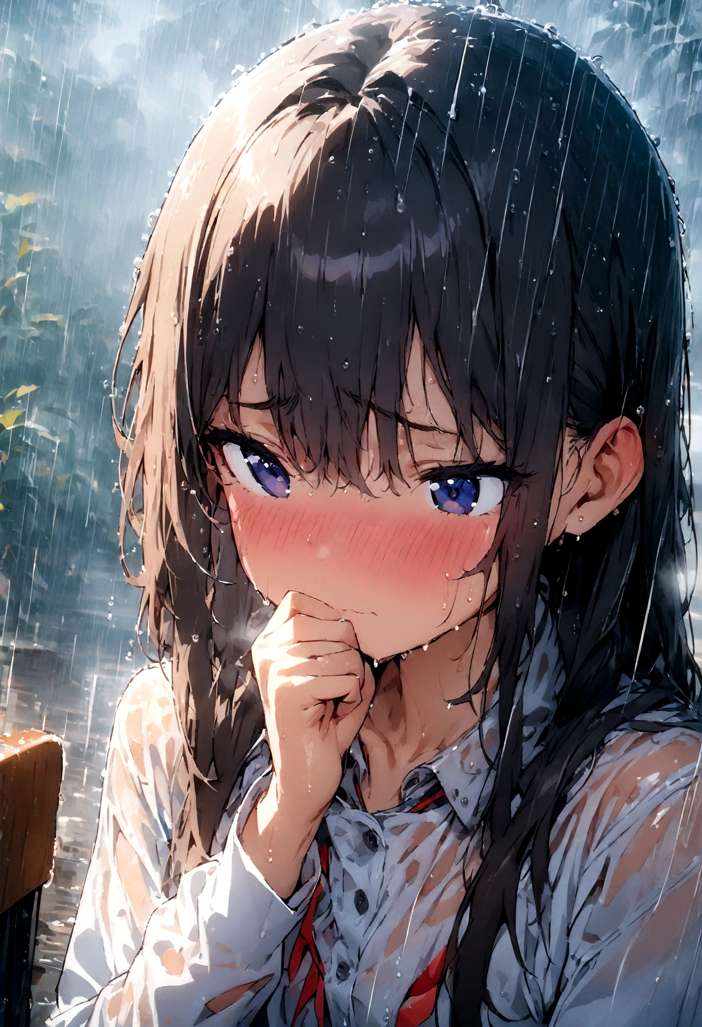 1 Girl, Black long hair,Female students, Shy, blush, wet, rain, transparent, (masterpiece, best quality), Soft Light, Film composition, light