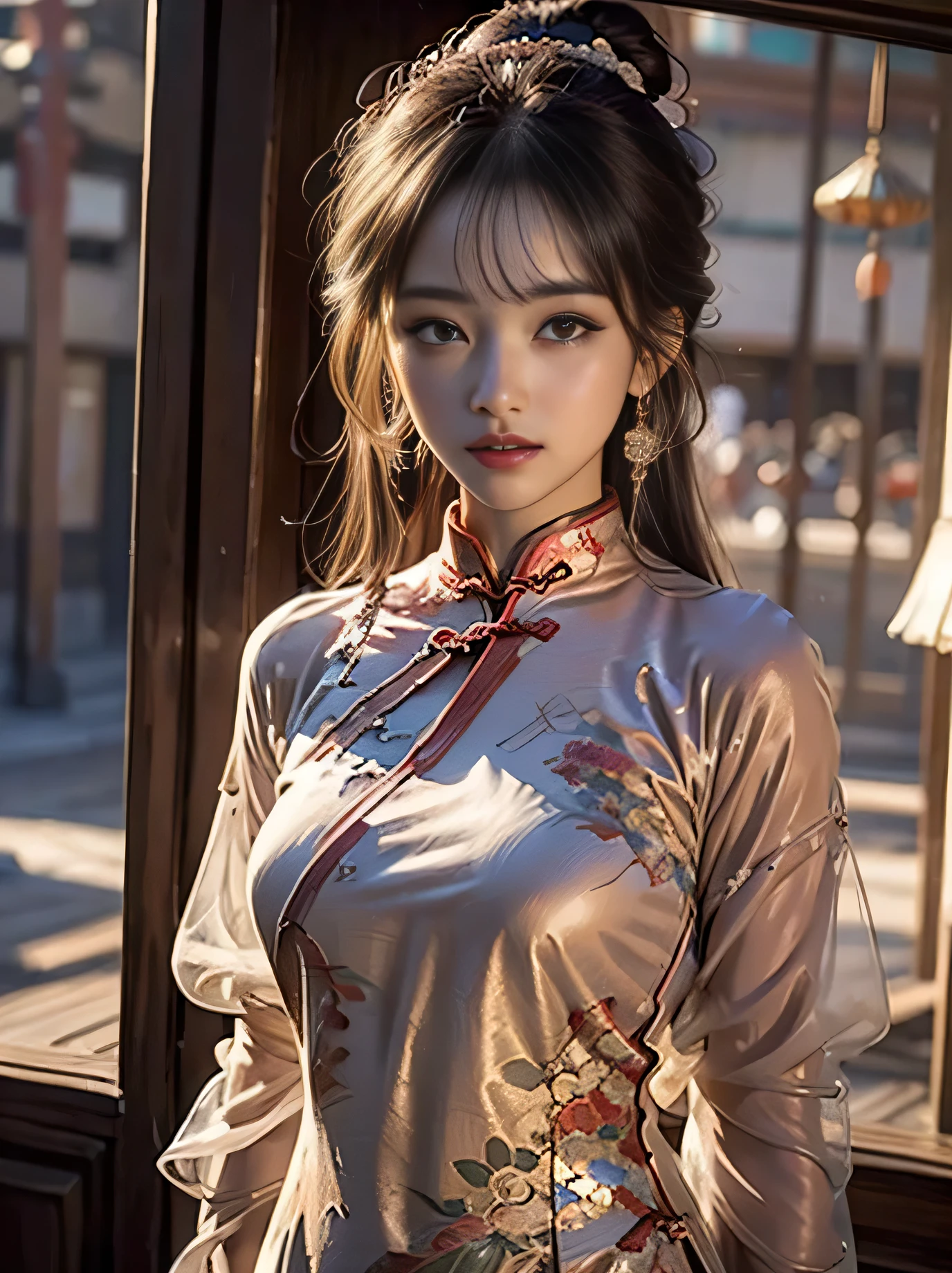 UHD, Masterpiece, High Quality, High Detail, Top Quality, Hi-Res, HD, 16k, 8k, 4K, Award-Winning BREAk, Realism, Depth of Field, Cinematic Lighting, Backlight, Symmetry, Bokeh, f/1.8, Eye Level Shot, 35mm, Hasselblad, Very Delicate and Beautiful, Very Detailed, Amazing, Fine Detail, Masterpiece, Best Quality, Official Art, Absurd, Incredibly ridiculous, Ultra detailed, High Definition, Very detailed, Beautiful detailed girl, (Cowboy Shot: 1.25), Break, Hair behind the ears, Very detailed eyes and face, Beautiful detailed eyes, Face light, 18 years old, (Red luxury cheongsam: 1.3), (Fantasy themed clothes: 1.3), Detailed clothes, (black long straight hairstyle: 1.2), detailed hair, (slender: 1.15), perfect anatomy, perfect proportions, (Ancient Chinese city background: 1.25), detailed background, (looking at the viewer, facing the viewer: 1.15), ((seductive model pose)), (((dynamic pose))), cinematic lighting.