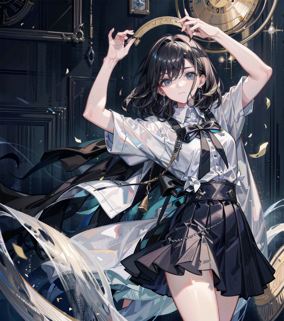 absurdres, RAW photo, extremely delicate, extremely beautiful, masterpiece, Best Quality, ultra high resolution, 32k, hyperrealistic, ultra-detailed description, perfect anatomy, pale skin, 20 years old, detailed beautiful face, detailed beautiful face eyes, tearful mole, earring, short medium hair, wavy hair, black hair, whole body, Korean school_uniform,  shirt, skirt, 